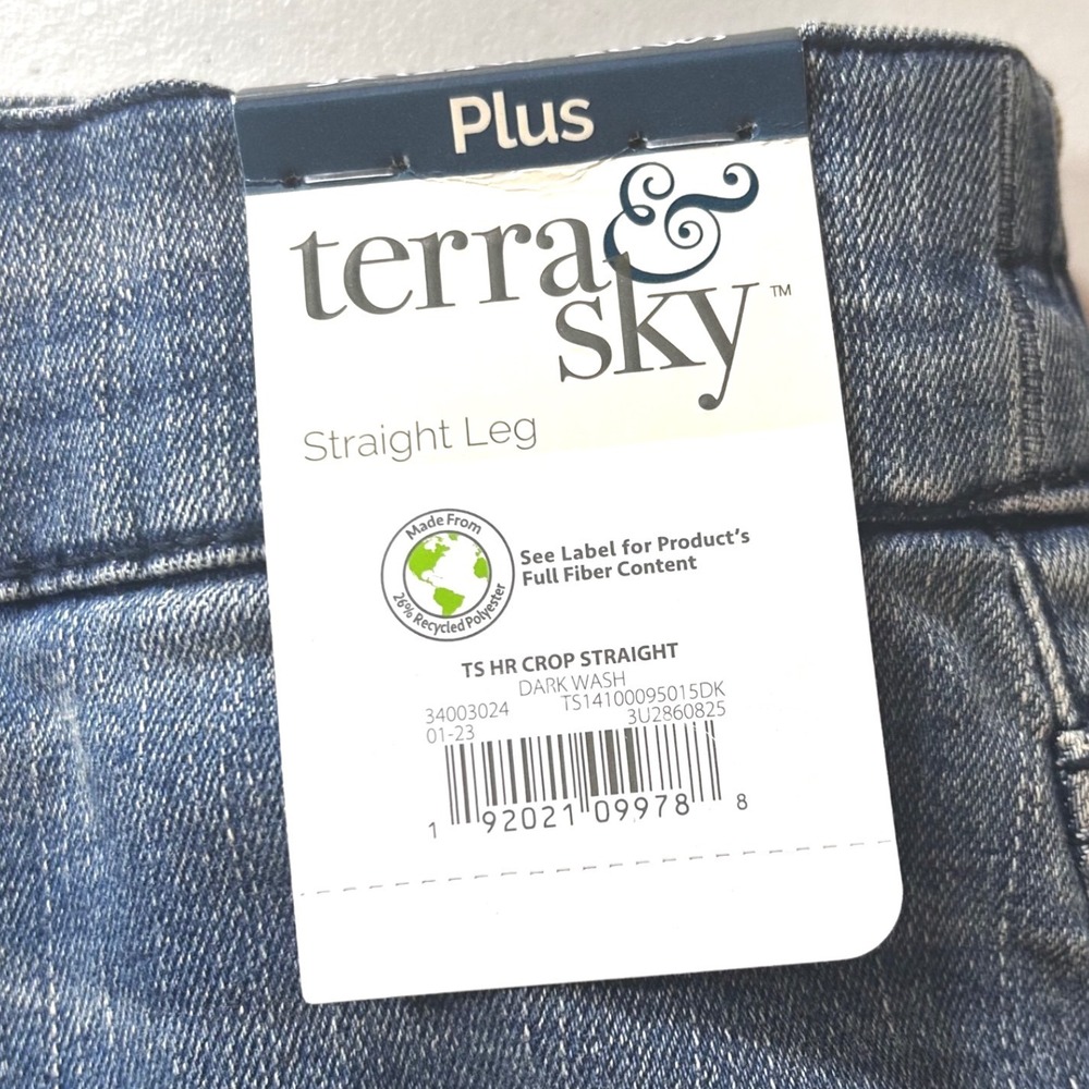 Terra & Sky Plus High Rise Crop Straight Leg Jeans Blue Elastic Back 3X 24W-26W - Picture 11 of 12